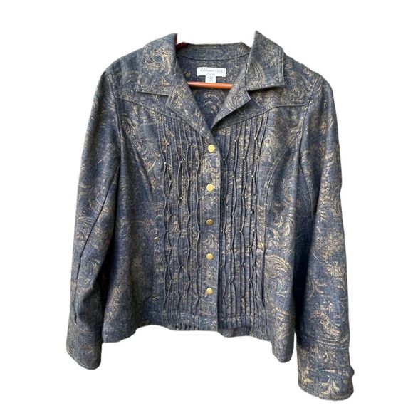 Coldwater Creek size 12 pleated, gold decor studded denim jacket. - Picture 2 of 10